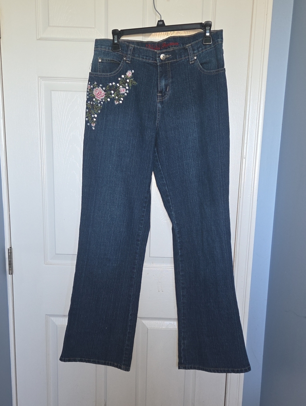 Dark Blue Flare Jeans with Floral Embroidery